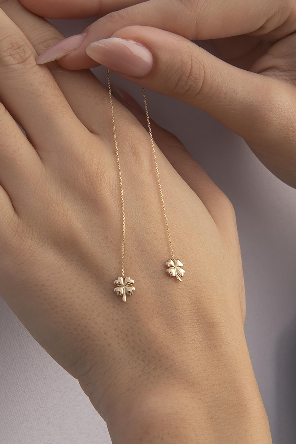 14 Ayar Altın Zincirli Yonca Küpe - Fiyonk Kuyumculuk (1)