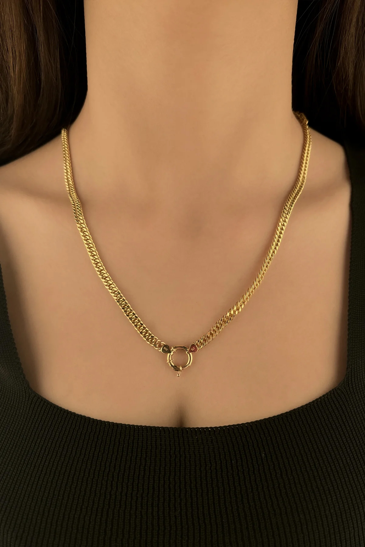 14 Ayar Altın Omega Kilit Detaylı Sık Gurmet Zincir Kolye 5 mm - Fiyonk Kuyumculuk (1)