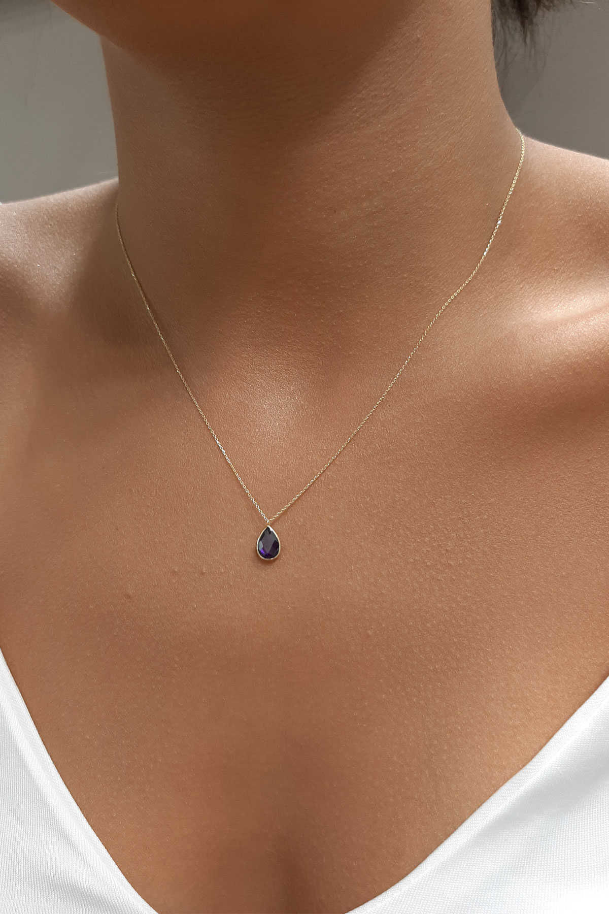 14 Ayar Altın Ametist Taşlı Damla Kolye - Fiyonk Kuyumculuk (1)