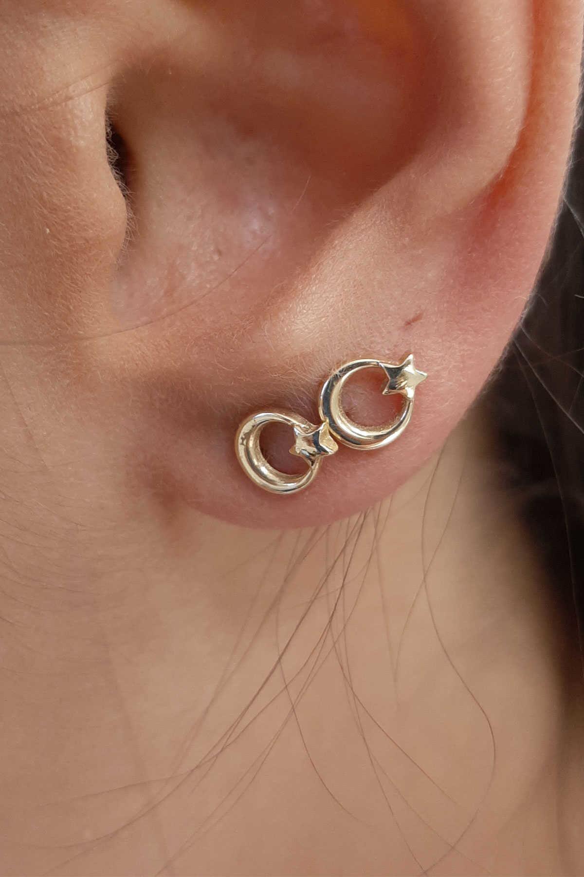 14 Ayar Altın Ay Yıldızlı Küpe - Fiyonk Kuyumculuk