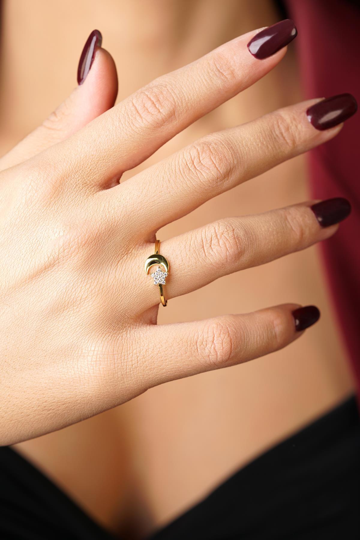 14 Ayar Altın Ay Yıldızlı Yüzük - Fiyonk Kuyumculuk