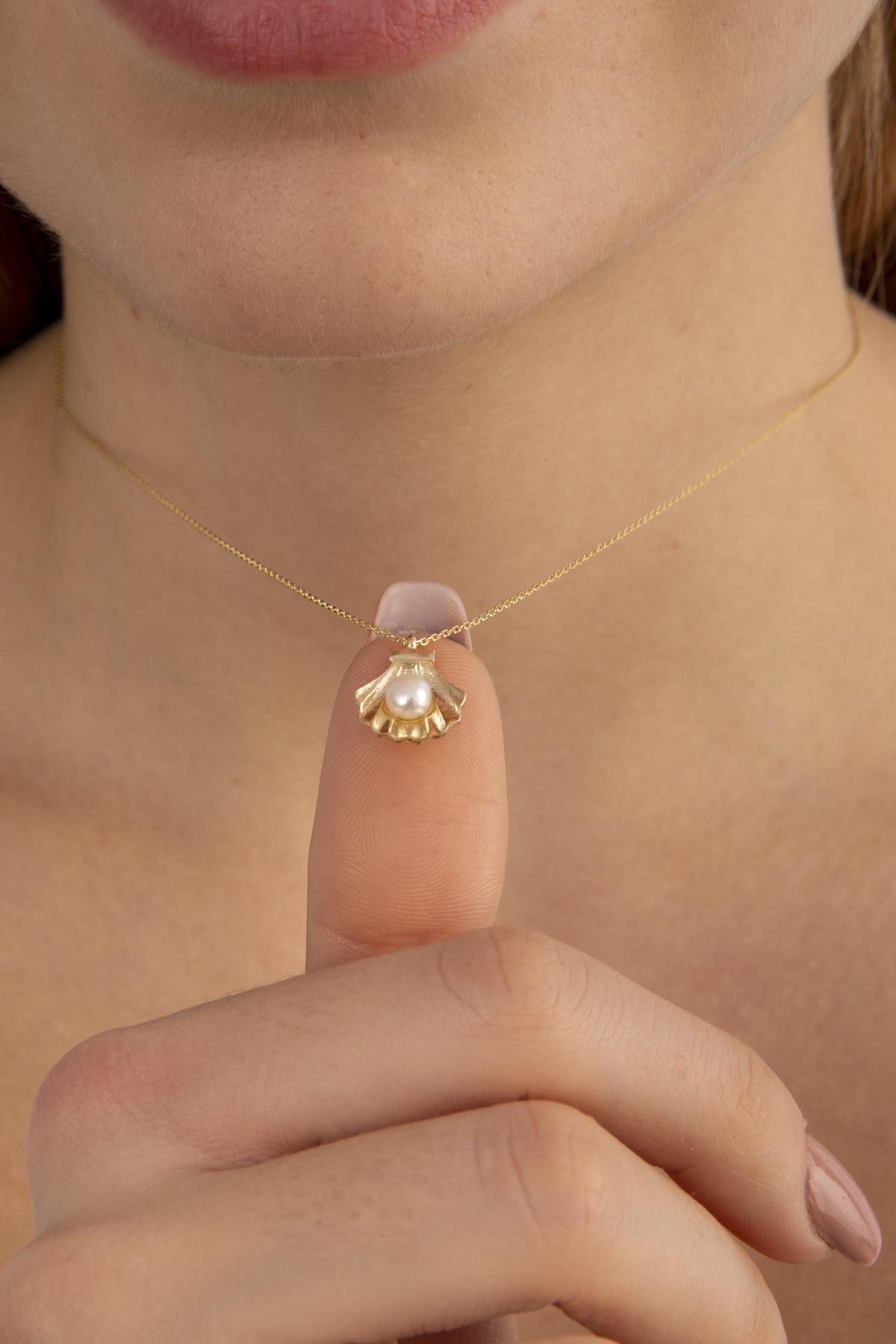 14 Ayar Altın İstiridye İncili Kolye - Fiyonk Kuyumculuk (1)