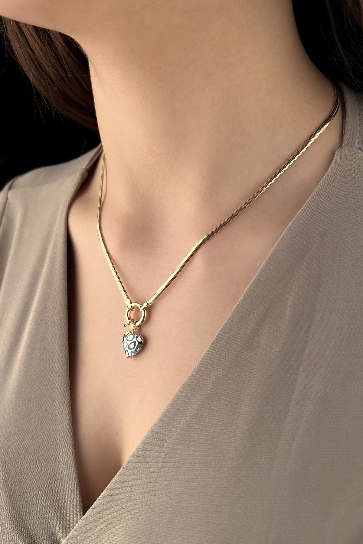 14 Ayar Altın Renkli Şişko Kalp Detaylı İtalyan Balık Sırtı Kolye - Fiyonk Kuyumculuk