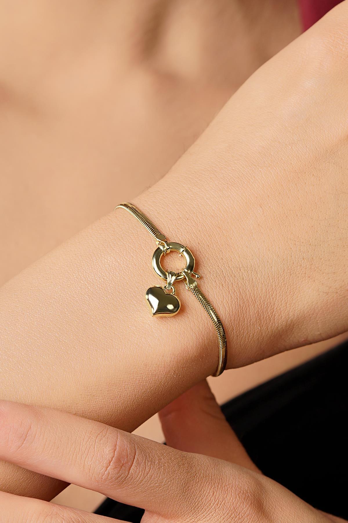 14 Ayar Altın Kalp Detaylı İtalyan Balıksırtı Bileklik - Fiyonk Kuyumculuk