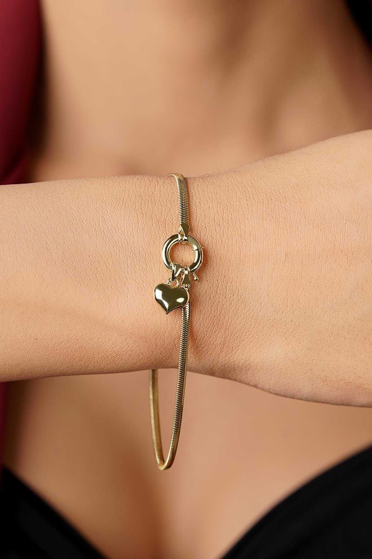 14 Ayar Altın Kalp Detaylı İtalyan Balıksırtı Bileklik - Fiyonk Kuyumculuk (1)