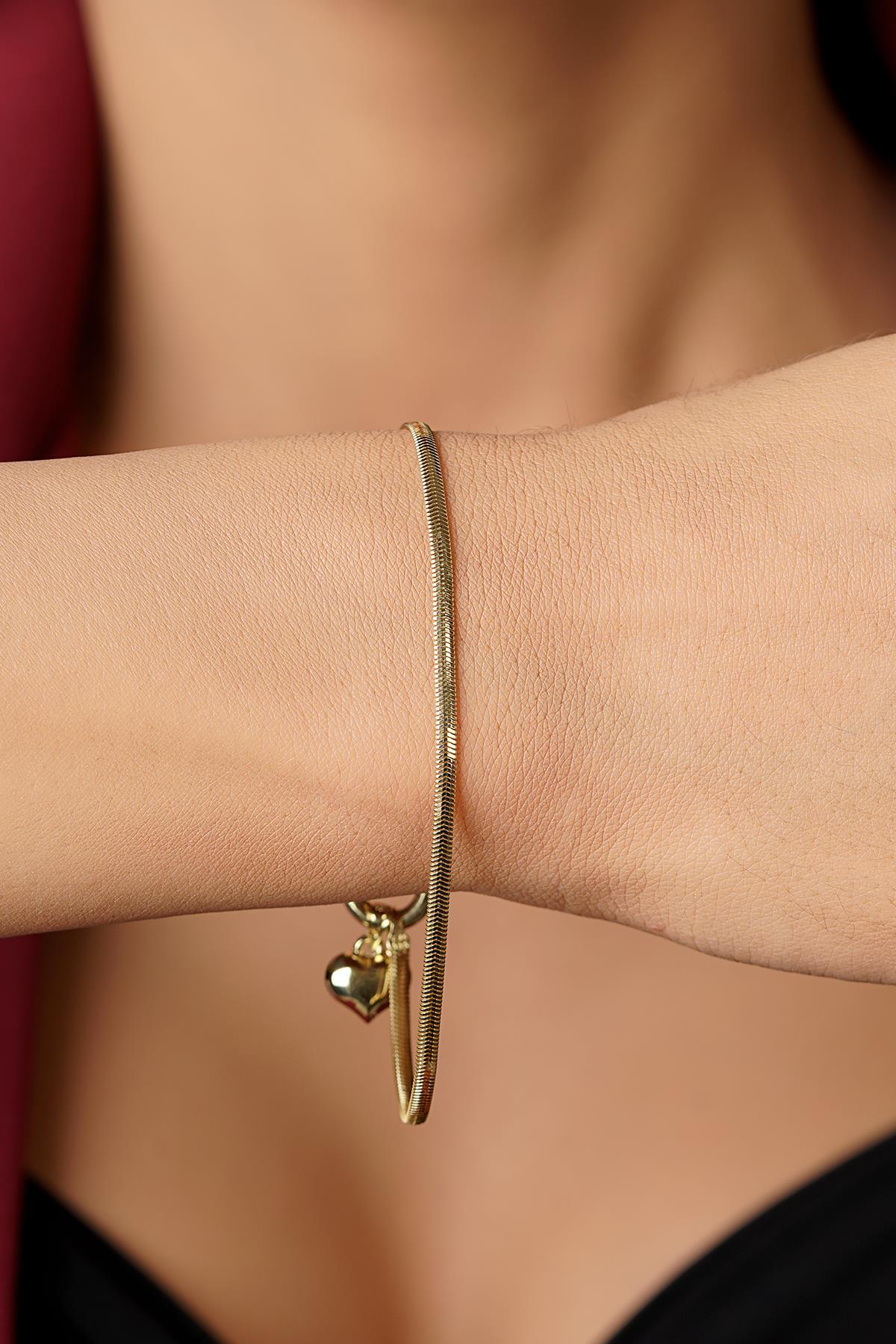 14 Ayar Altın Kalp Detaylı İtalyan Balıksırtı Bileklik - Fiyonk Kuyumculuk (1)