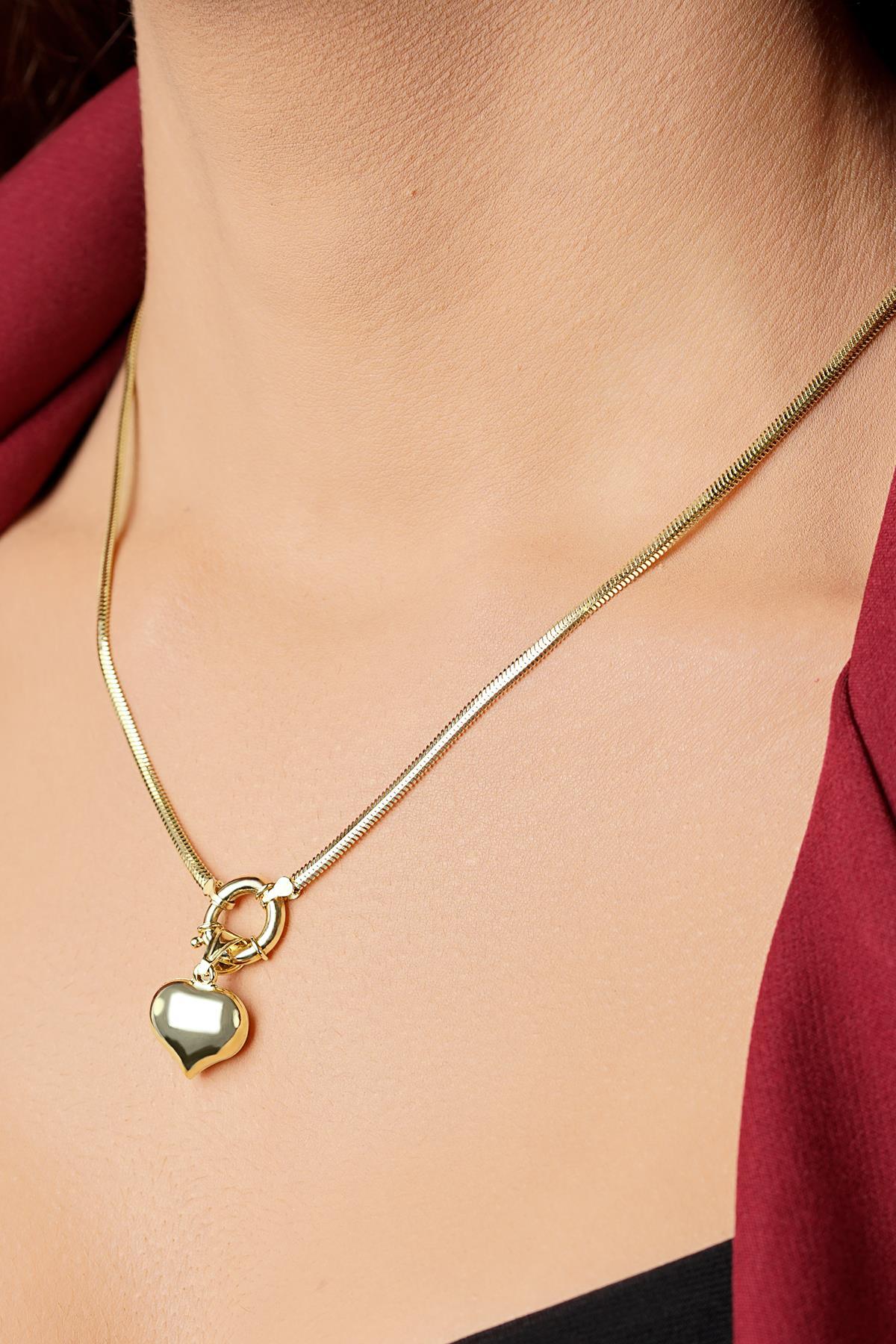 14 Ayar Altın Kalp Detaylı İtalyan Balık Sırtı Kolye - Fiyonk Kuyumculuk (1)