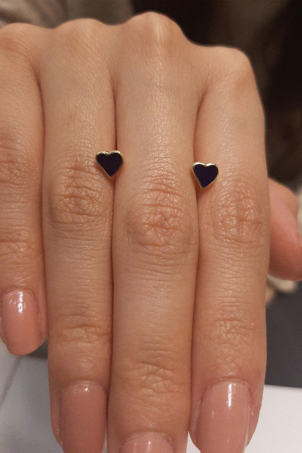 14 Ayar Altın Mavi Kalp Pimli Küpe - Fiyonk Kuyumculuk