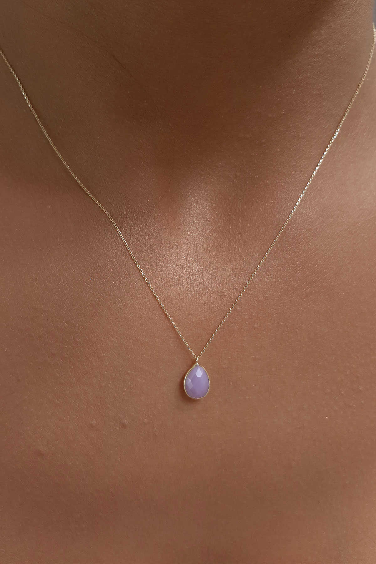 14 Ayar Altın Pembe Kuvars Damla Kolye - Fiyonk Kuyumculuk