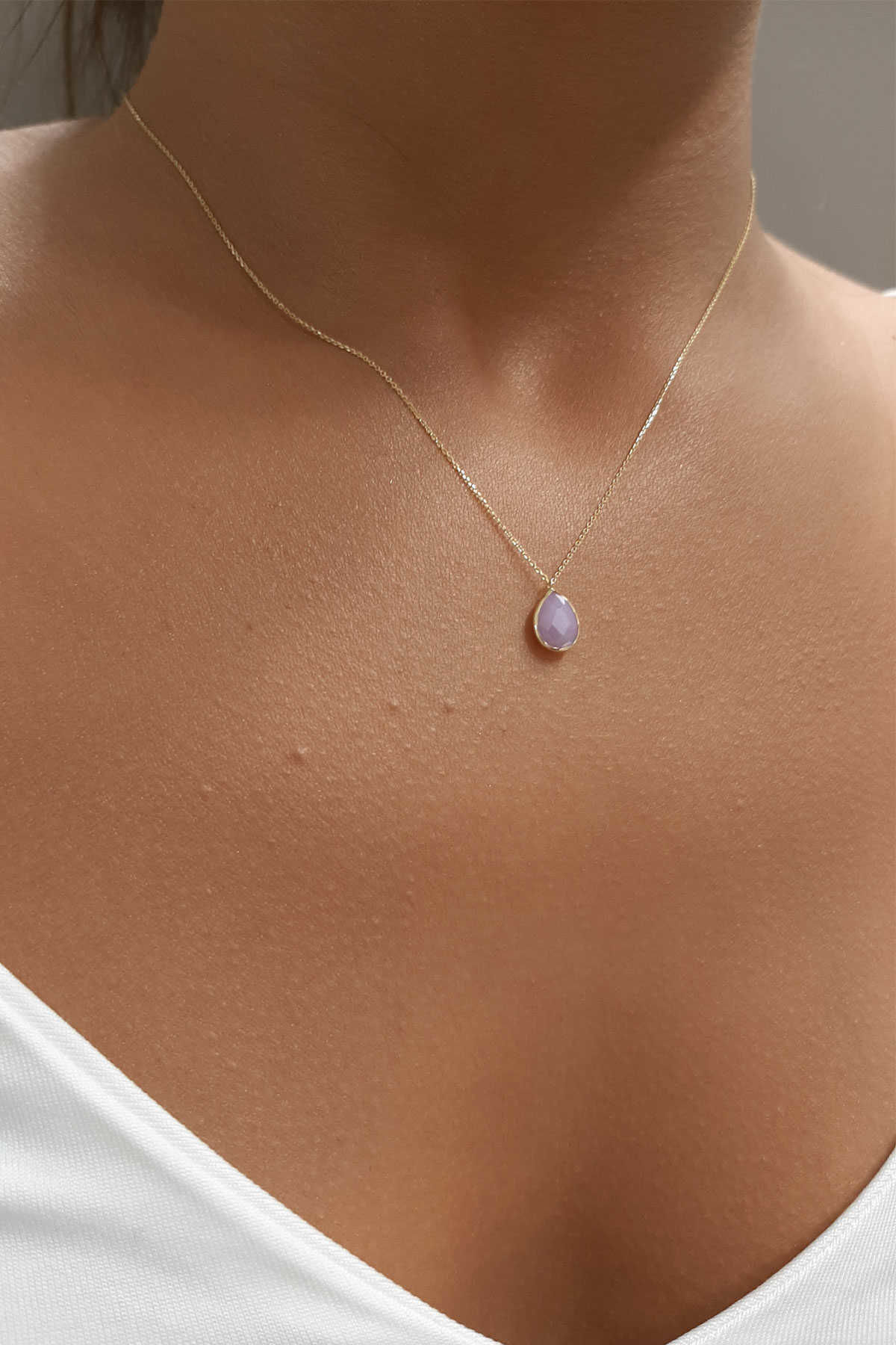 14 Ayar Altın Pembe Kuvars Damla Kolye - Fiyonk Kuyumculuk (1)