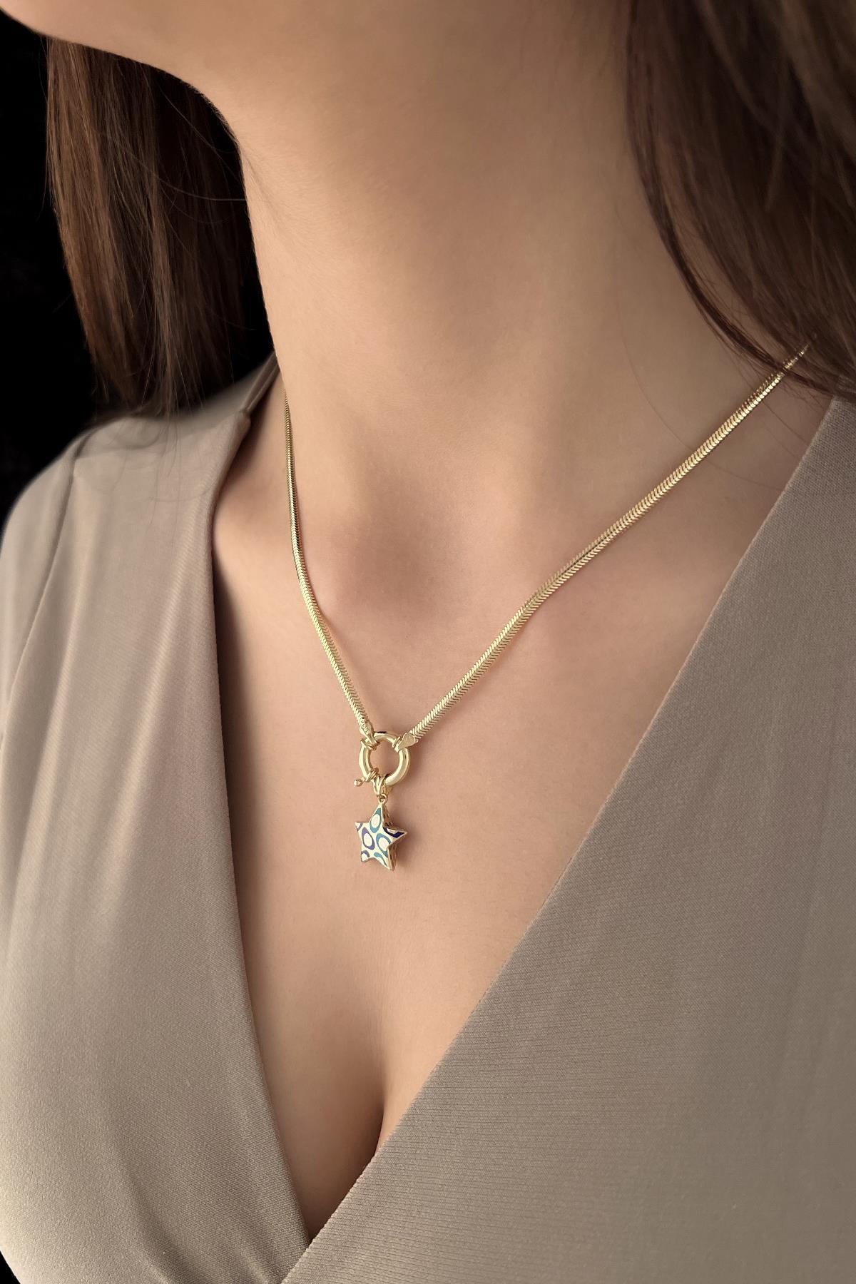 14 Ayar Altın Renkli Yıldız Detaylı Balık Sırtı Kolye - Fiyonk Kuyumculuk