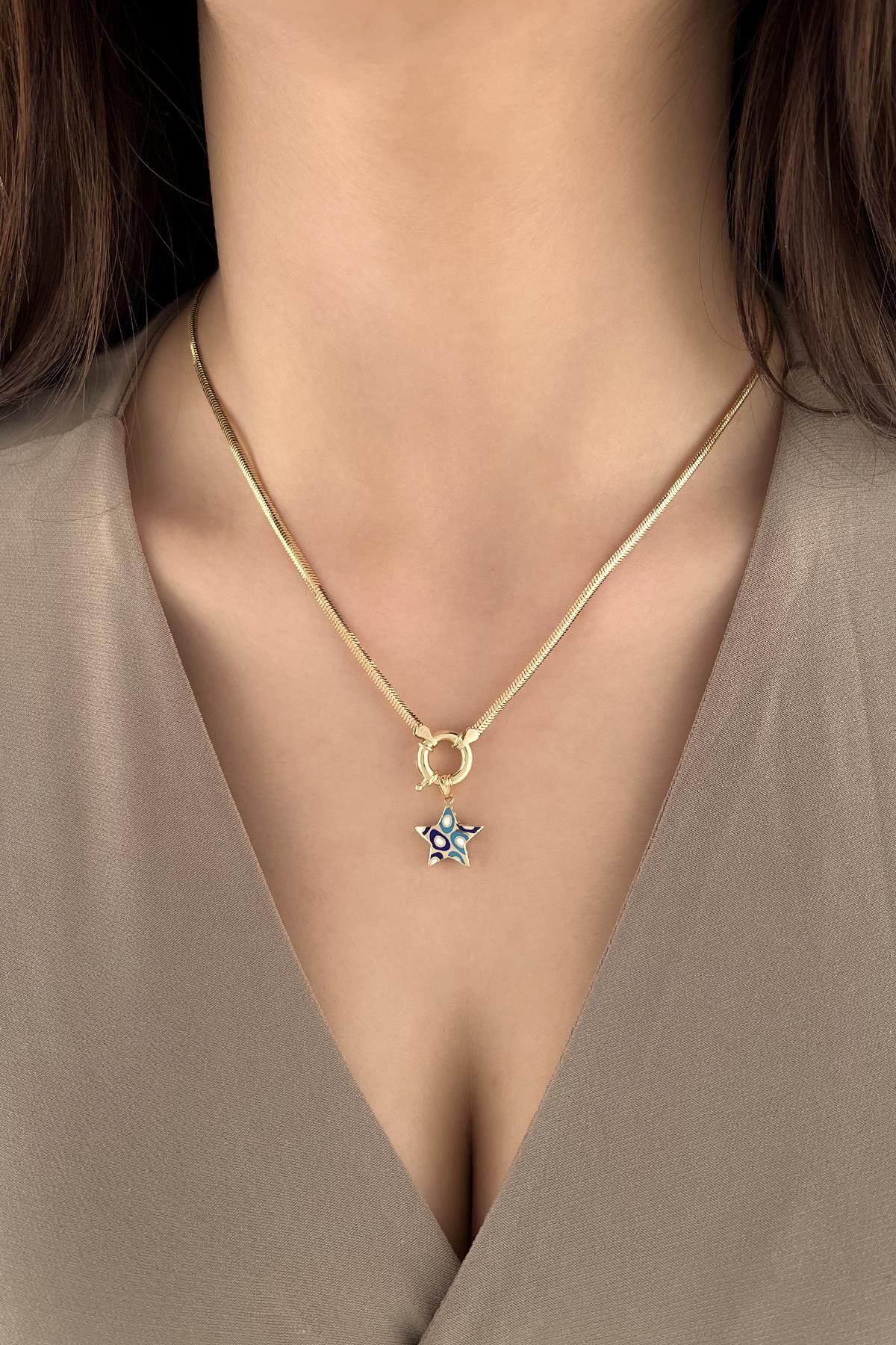 14 Ayar Altın Renkli Yıldız Detaylı Balık Sırtı Kolye - Fiyonk Kuyumculuk (1)