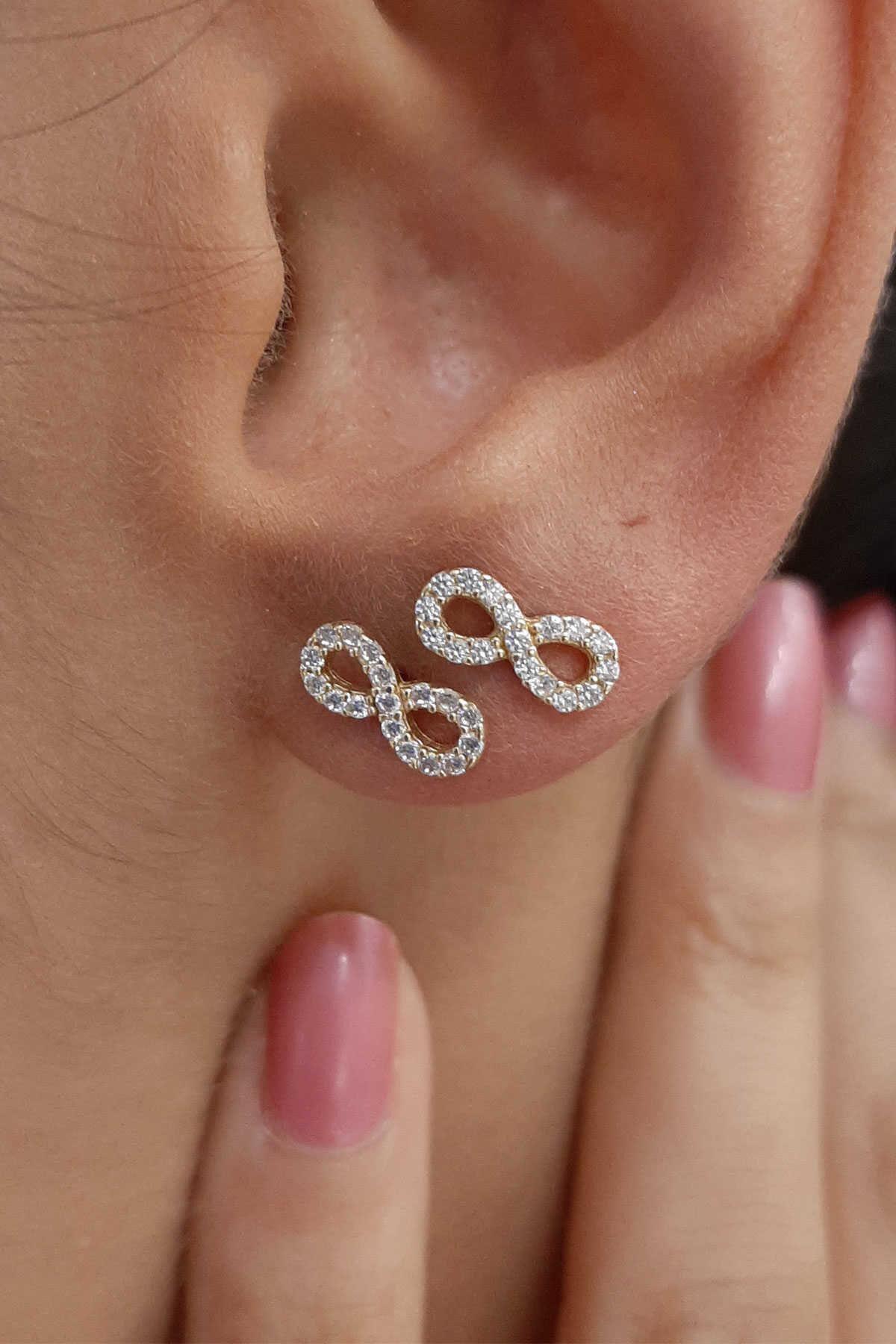 14 Ayar Altın Taşlı Sonsuzluk Küpe - Fiyonk Kuyumculuk