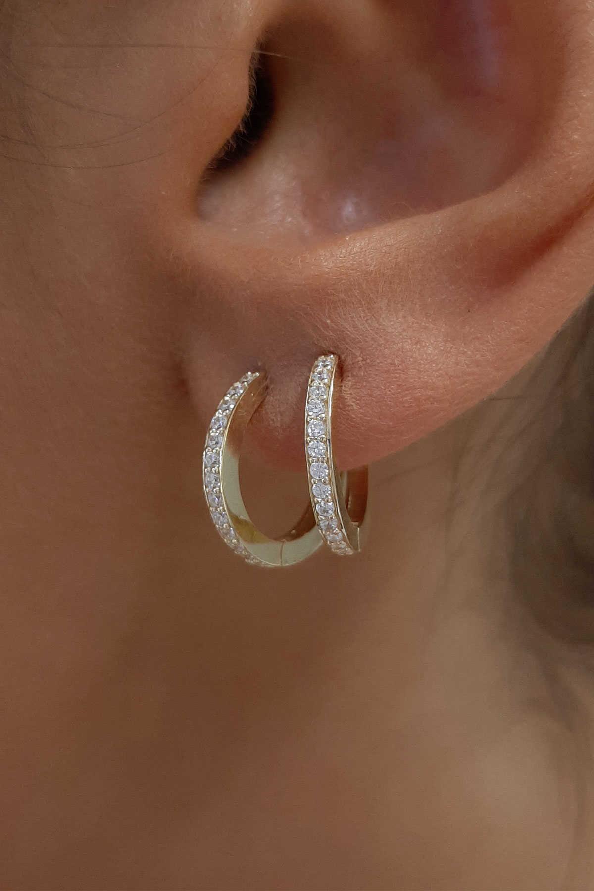 14 Ayar Altın Taşlı Halka Küpe Orta Boy - Fiyonk Kuyumculuk