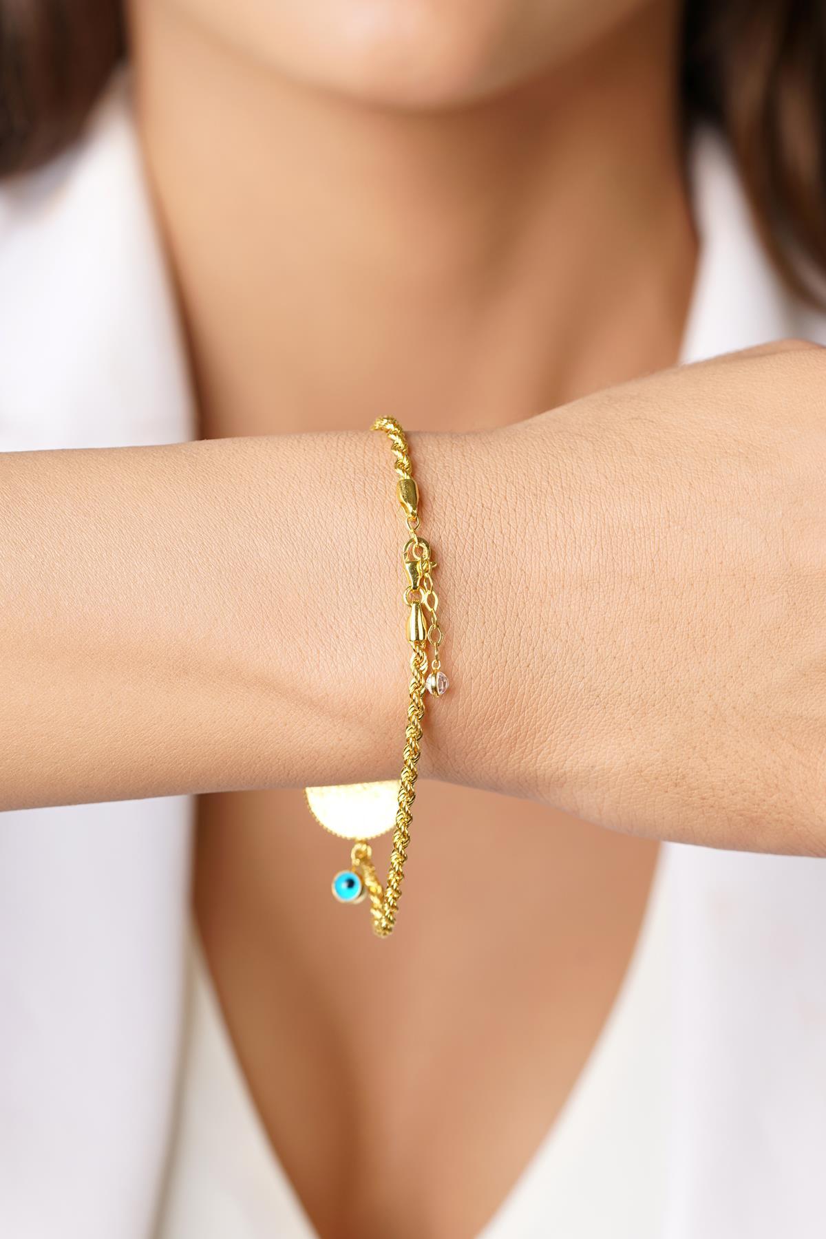 22 Ayar Yeni Çeyrekli 14 Ayar Altın Burgu Halat Zincir Bileklik - Fiyonk Kuyumculuk (1)