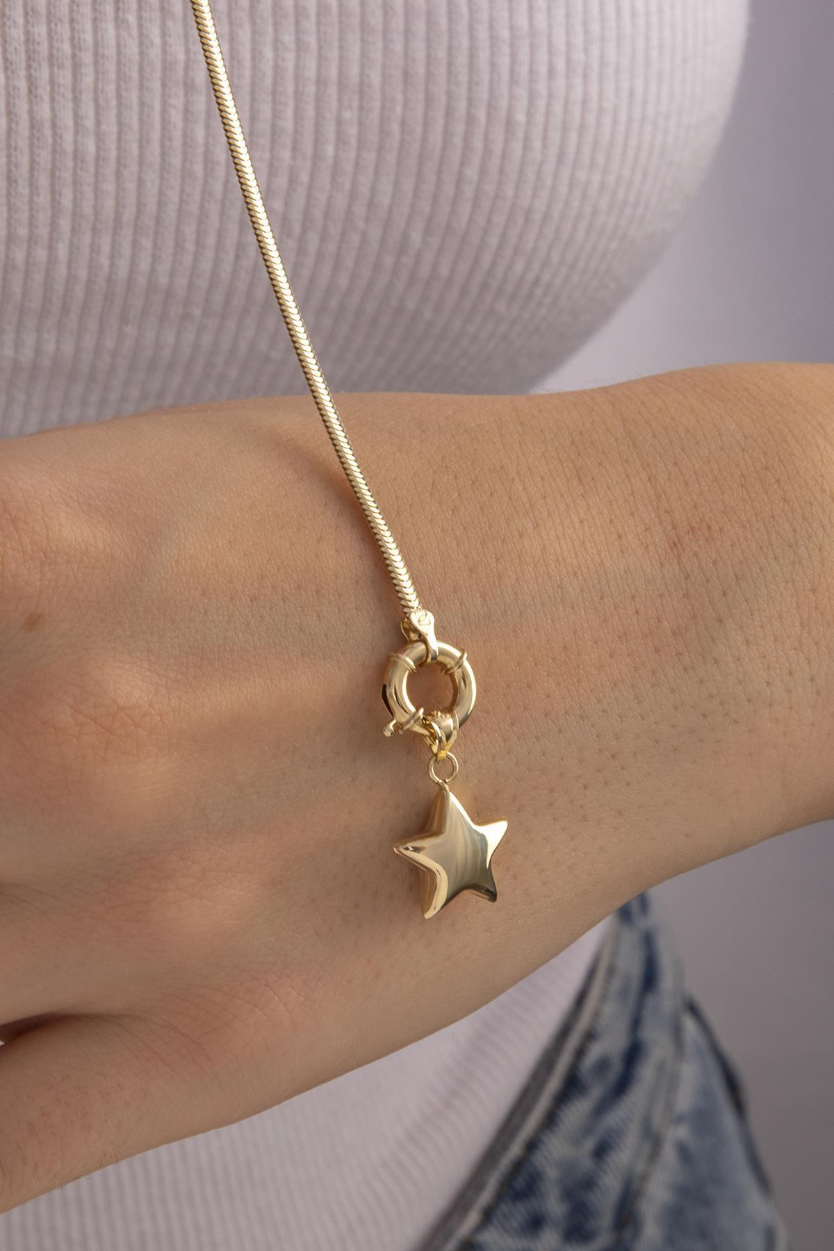 14 Ayar Altın Yıldız Detaylı İtalyan Balıksırtı Bileklik - Fiyonk Kuyumculuk (1)